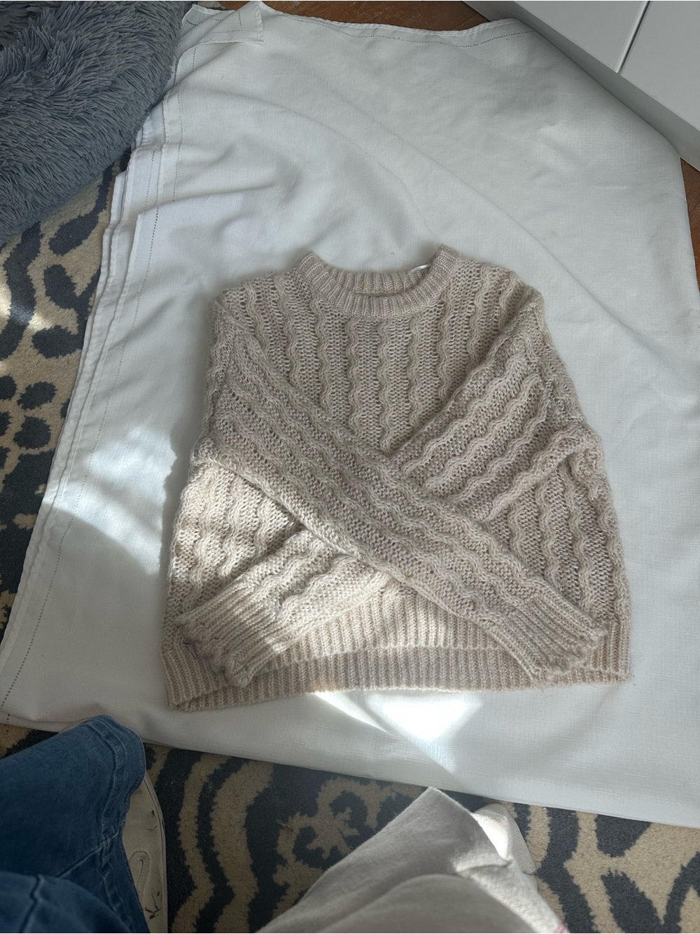 Divided Beige Cable Knit Crewneck Sweater